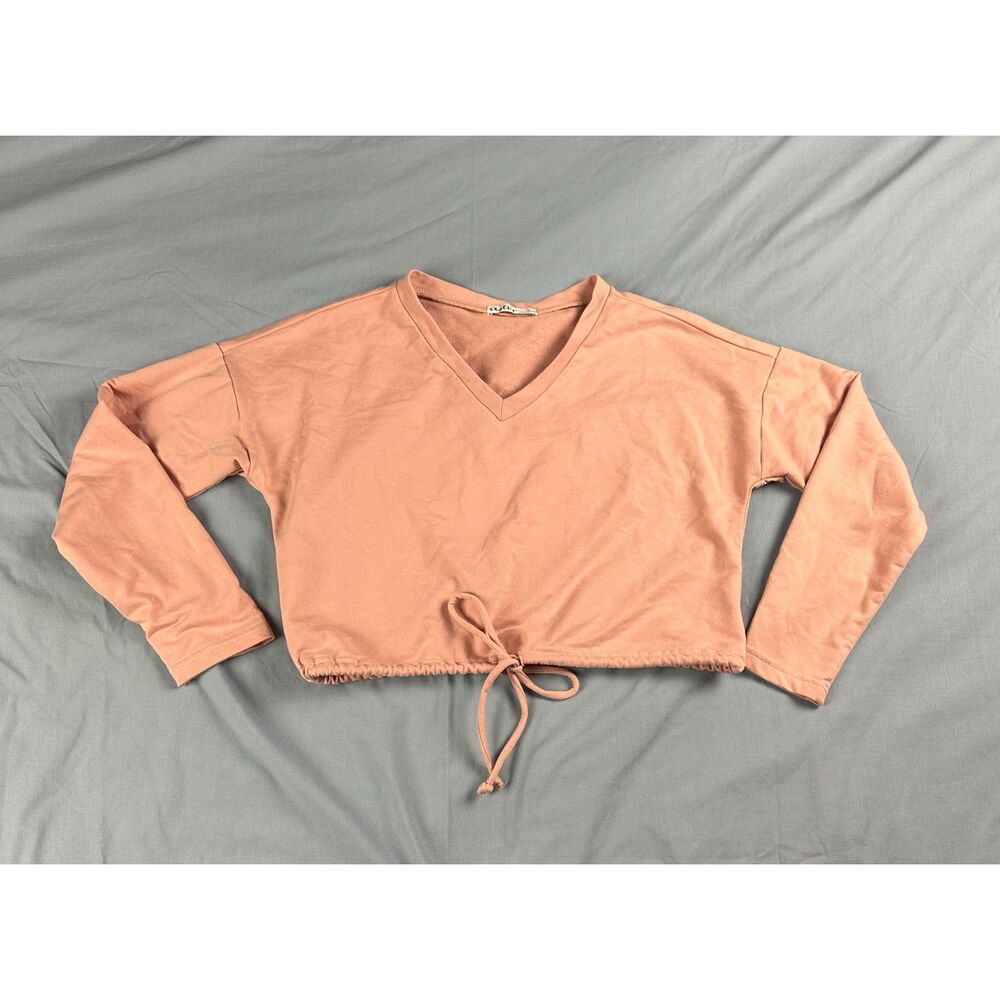 Aster Size S Women's V-Neck Long Sleeve Crop Sweatshirt Coral Pink Elastic Hem